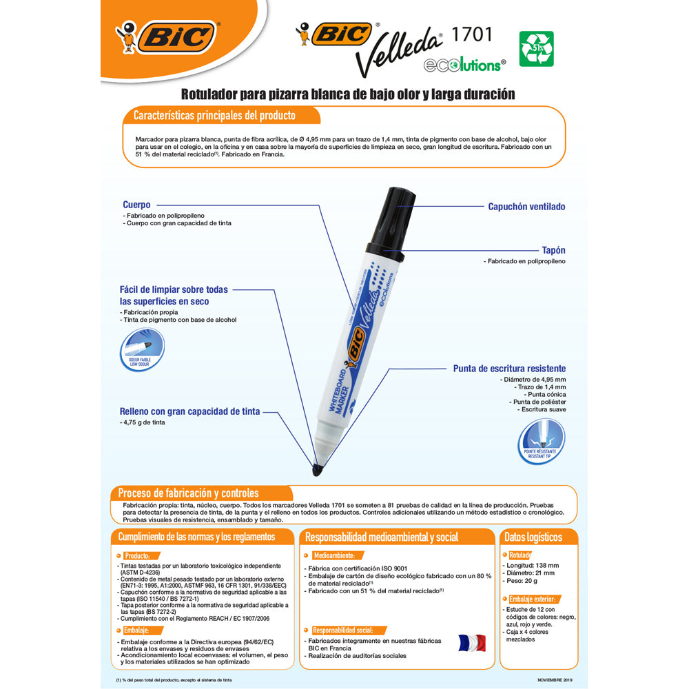 Marker pentru tabla Bic Eco Velleda 1701, varf rotund 2 mm, verde, 12 bucati/cutie