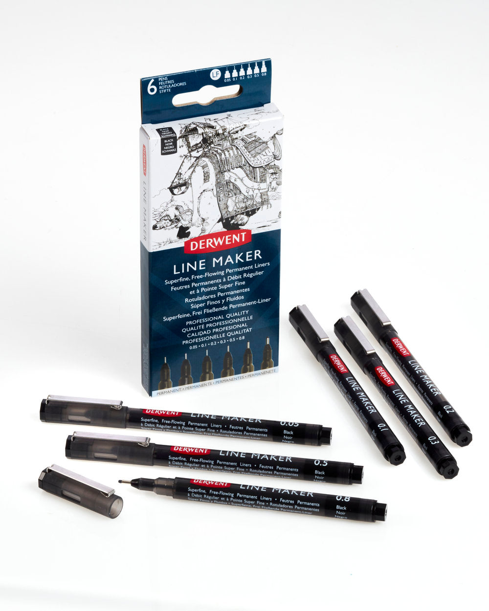 SET 6 BUCATI LINER GRAFIC PROFESIONAL (0.05/0.1/0.2/0.3/0.5/0.8 MM) NEGRU DERWENT