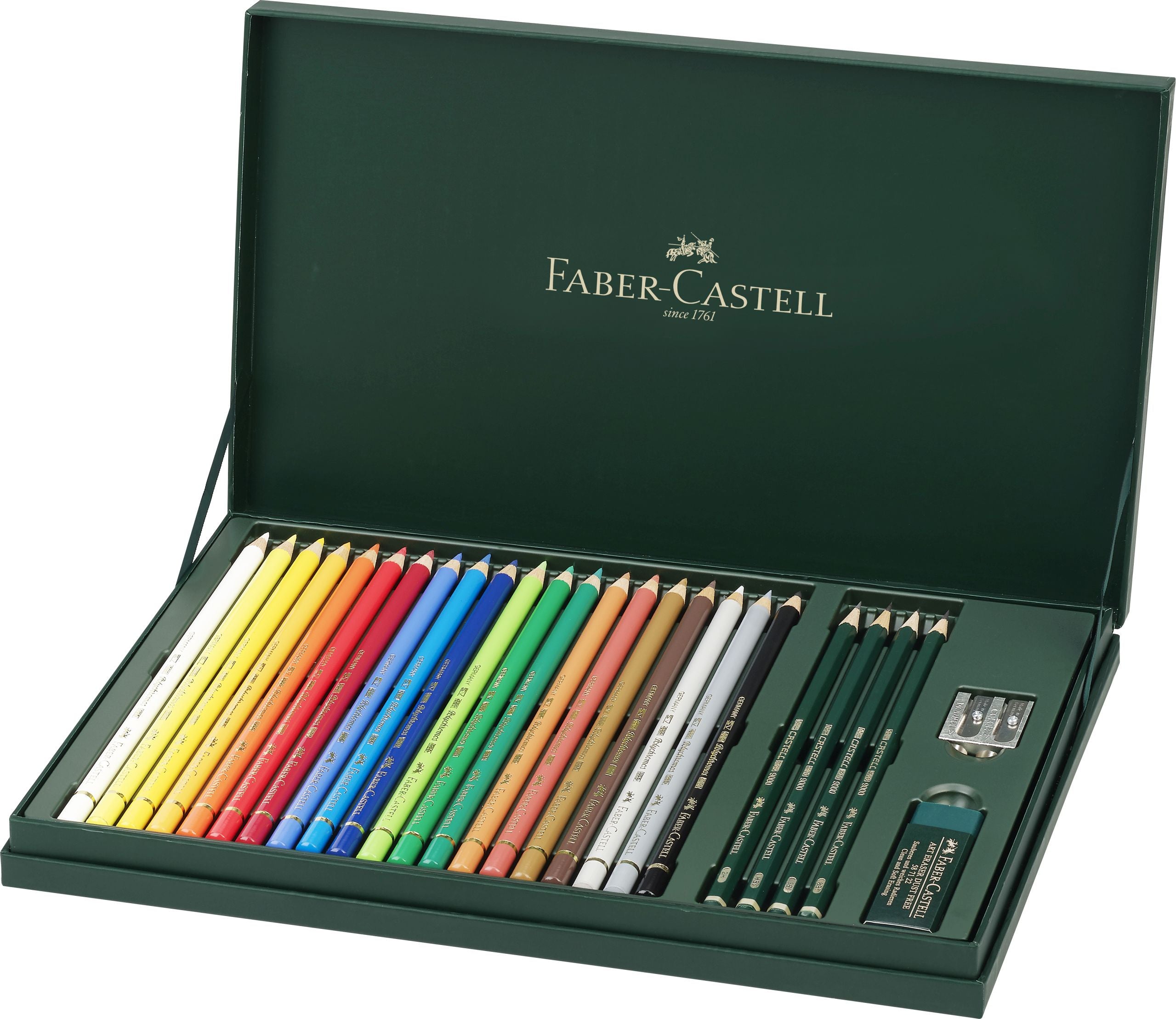 SET CADOU 20 CREIOANE COLORATE POLYCHROMOS + 4 CREIOANE GRAFIT CASTELL + ACCESORII FABER-CASTELL