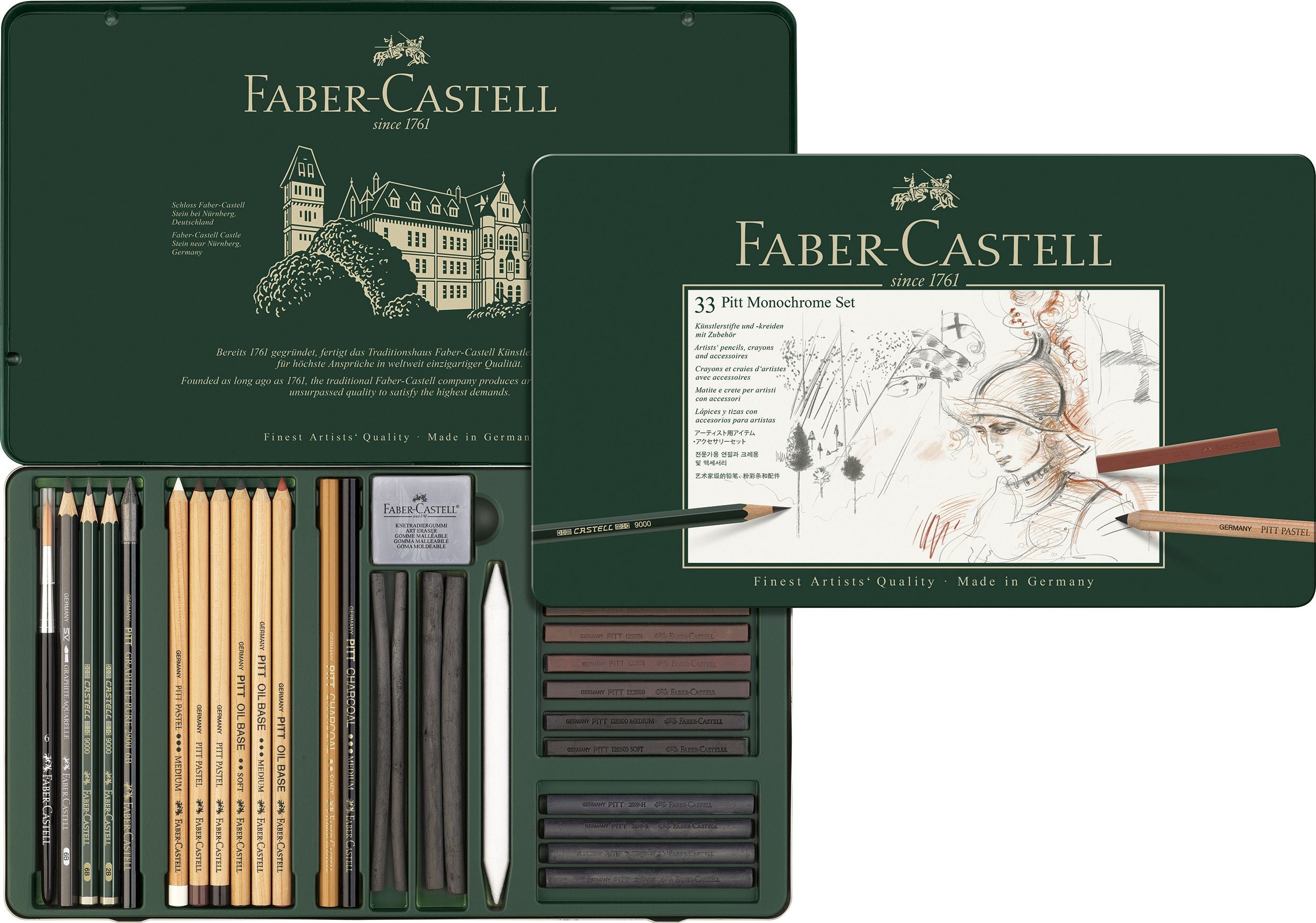 SET PITT MONOCHROME GRAFIT+CARBUNE+PASTEL 33 BUC FABER-CASTELL