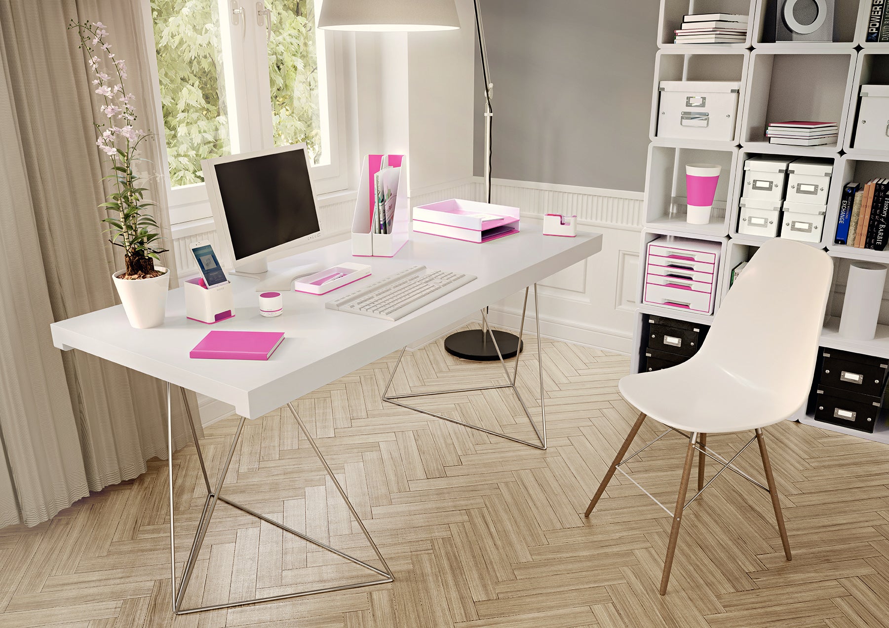 SUPORT BIROU CU INCARCATOR INDUCTIE ROZ METALIZAT/ALB WOW LEITZ