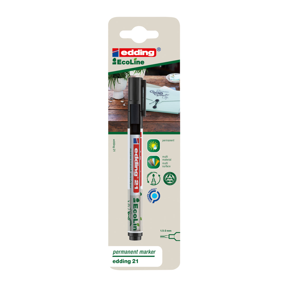 Marker permanent Edding 21, Ecoline, negru, varf rotund 1.5-3 mm, blister