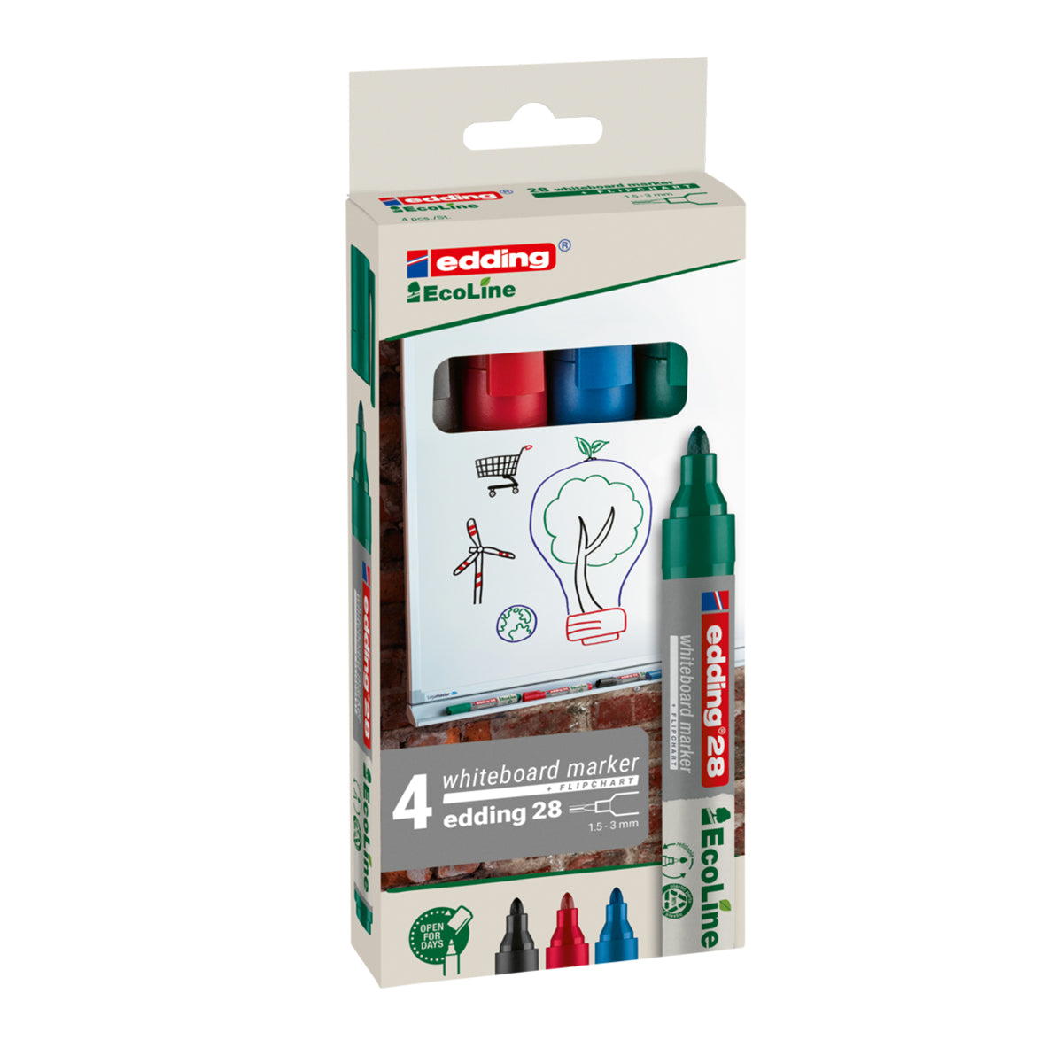 Marker pentru tabla Edding 28, ecologic, varf rotund, 1.5-3 mm, 4 culori/set (negru, rosu, albastru, verde)