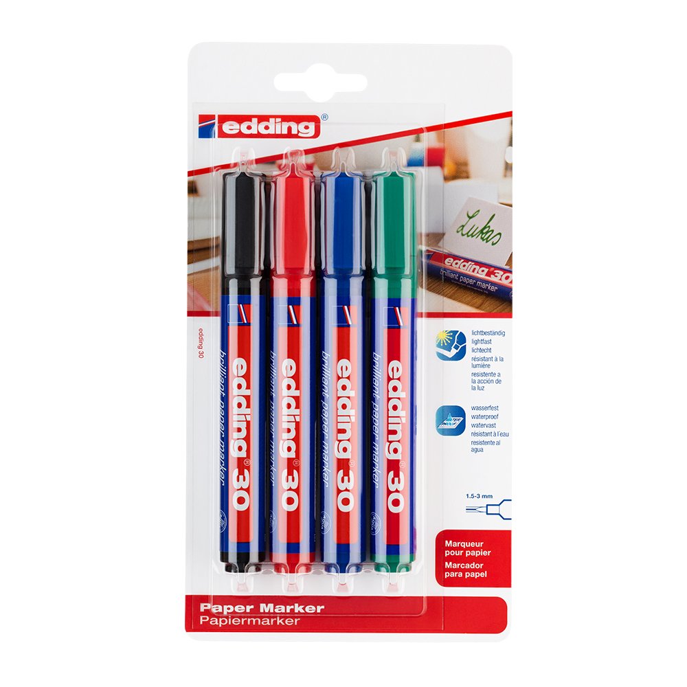 Marker permanent Edding 30, varf 1.5-3 mm, 4 culori/blister