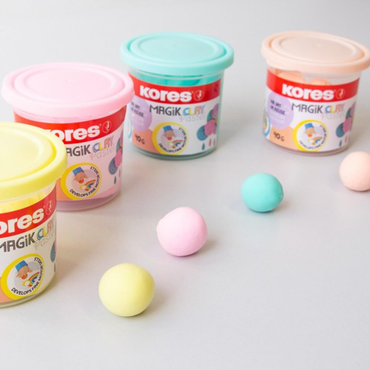 Plastilina Kores Magic Clay PASTEL, 40 g/culoare, 4 culori basic/set