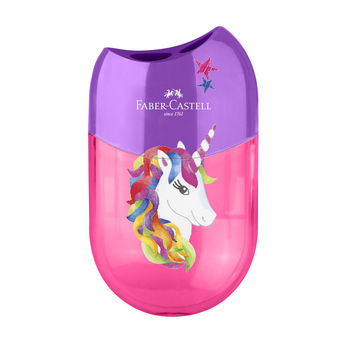 ASCUTITOARE PLASTIC DUBLA CU CONTAINER UNICORNI SI DINOZAURI FABER-CASTELL