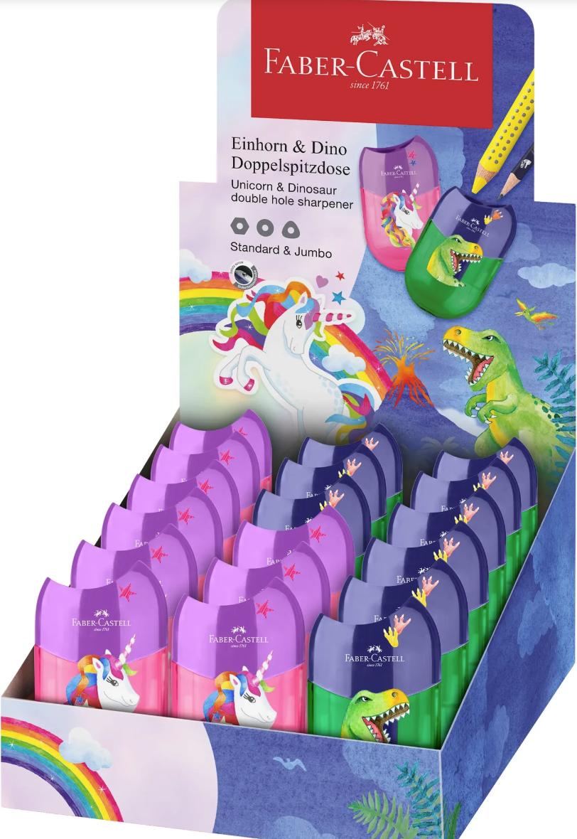 ASCUTITOARE PLASTIC DUBLA CU CONTAINER UNICORNI SI DINOZAURI FABER-CASTELL