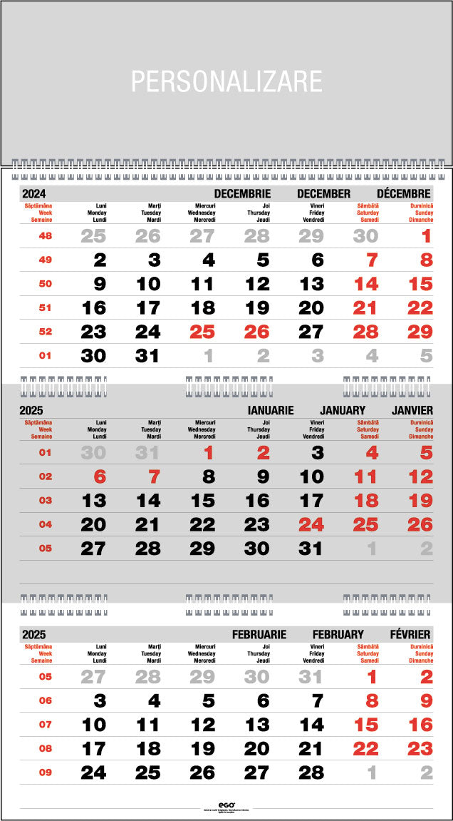 CALENDAR PERETE TRIPTIC PLIAT 3 X 12 FILE EGO