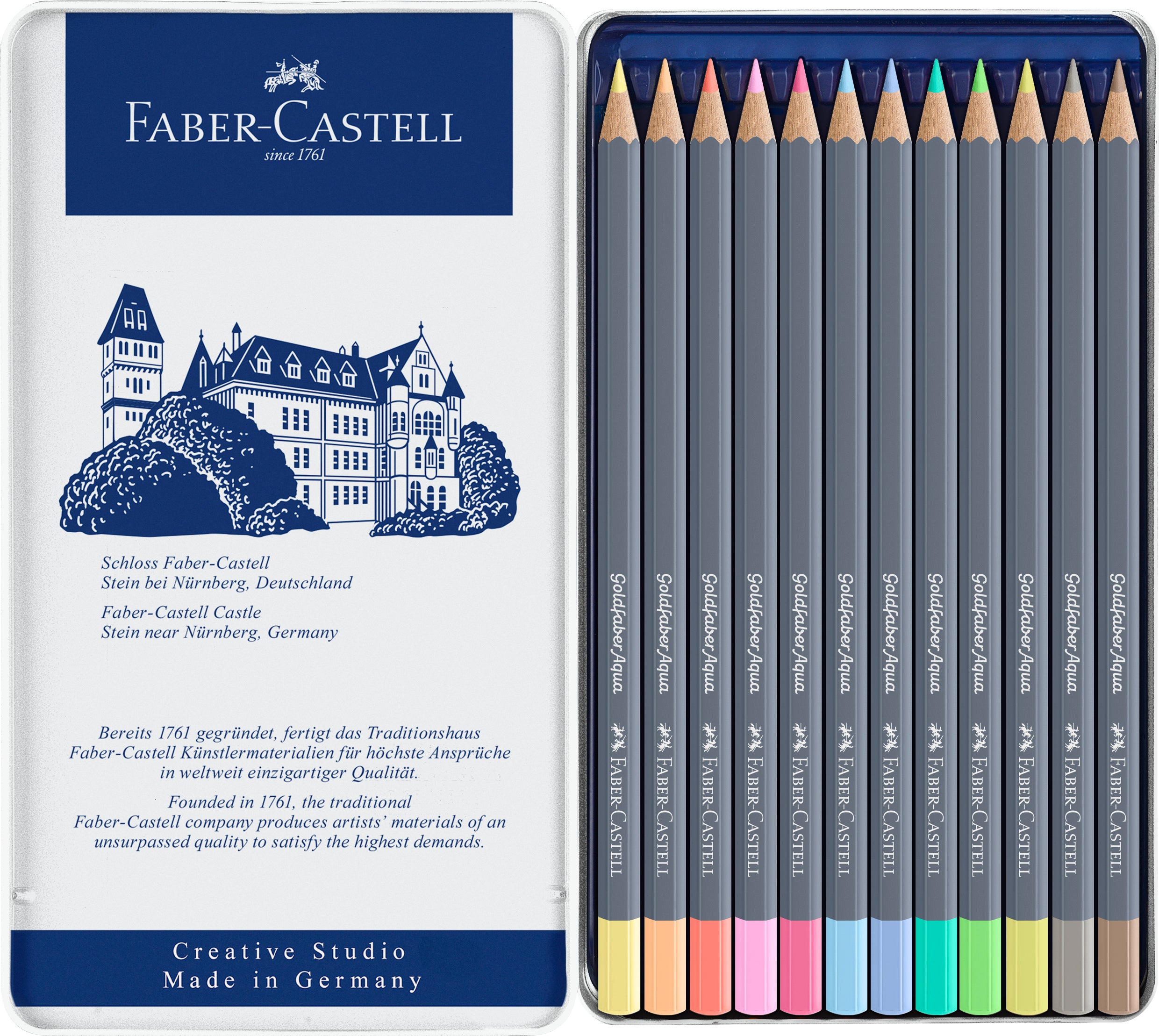 CREIOANE COLORATE AQUARELLE 12 CULORI PASTEL GOLDFABER CUT. METAL FABER CASTELL