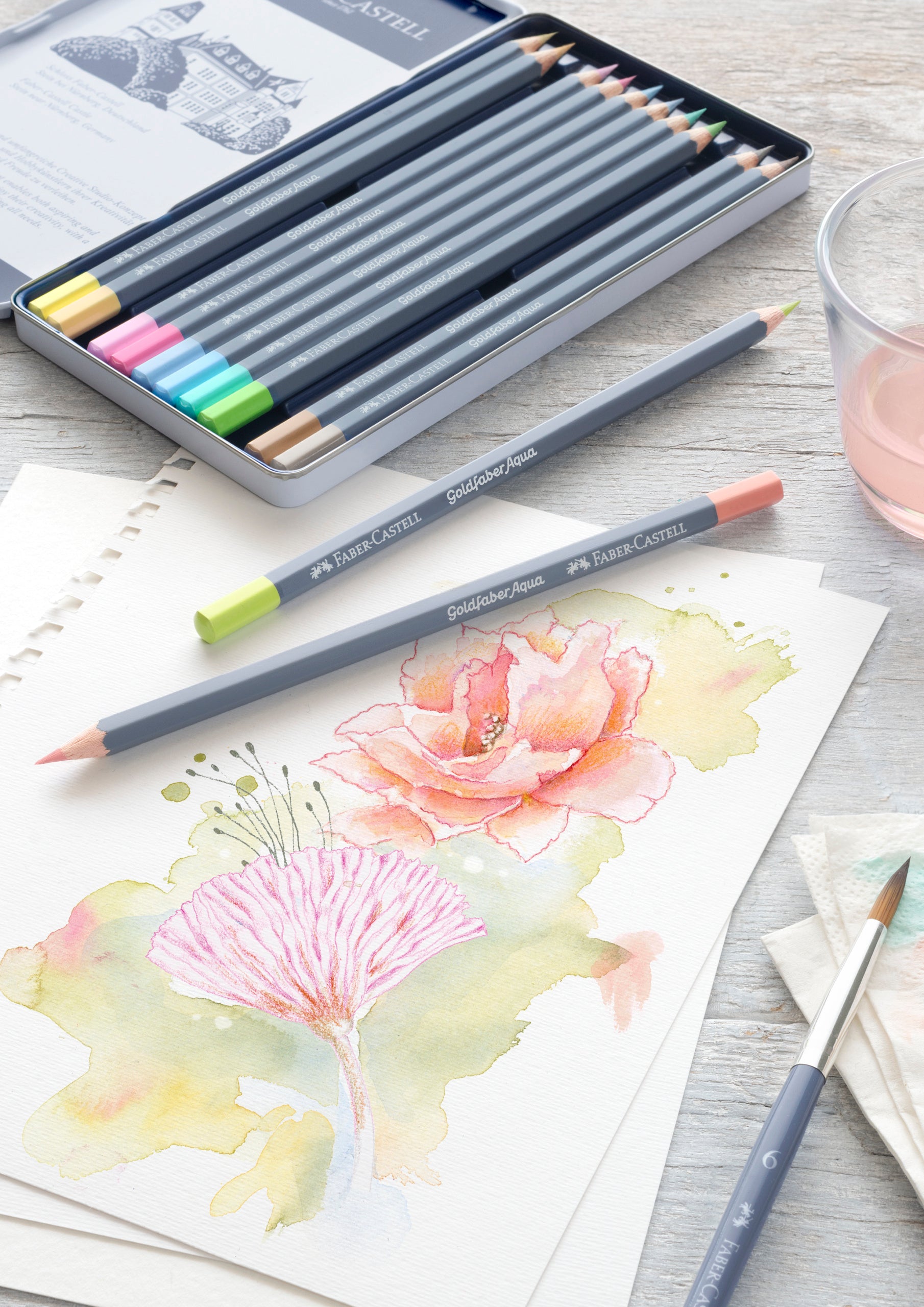 CREIOANE COLORATE AQUARELLE 12 CULORI PASTEL GOLDFABER CUT. METAL FABER CASTELL