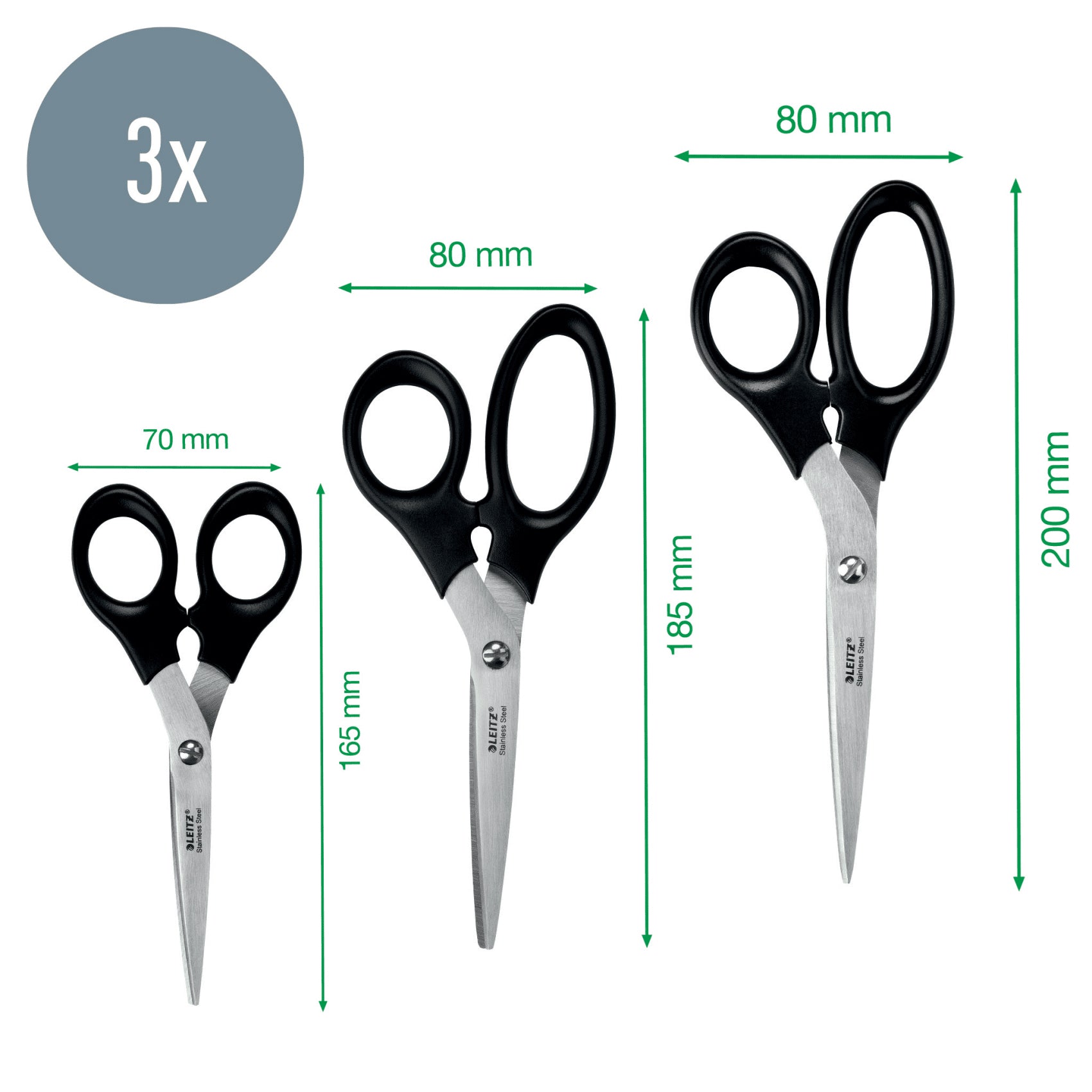 FOARFECA BIROU SET 3(16.5, 18,5 & 20 CM) NEAGRA OTEL INOXIDABIL LEITZ