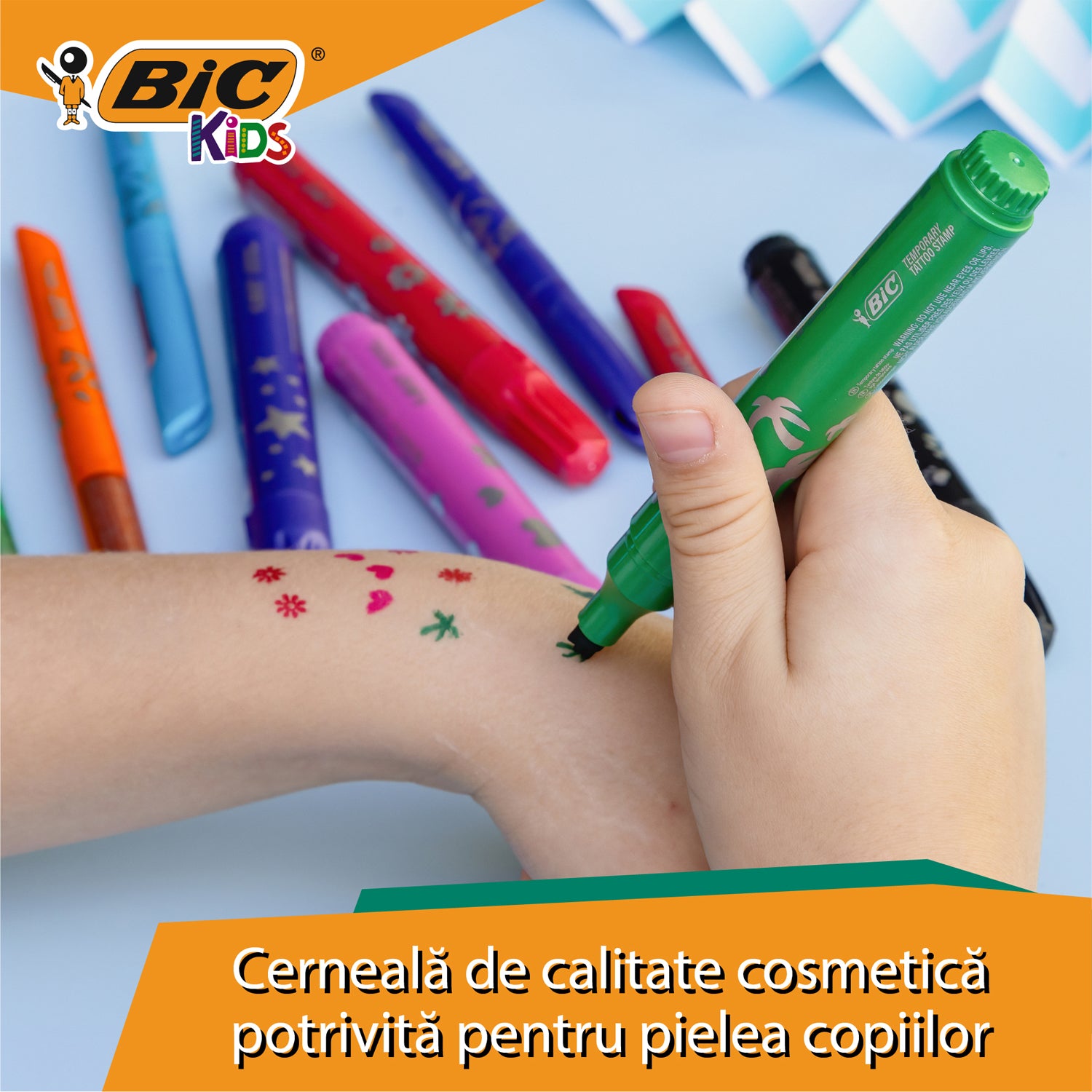 MARKER TATTOO KIDS SET 3 MARKERE + 3 STAMPILE + 10 SABLOANE BIC