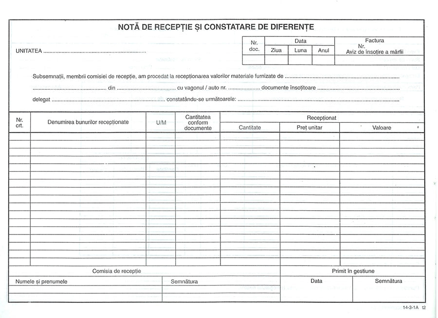 NOTA RECEPTIE CONSTATARE DIFERENTE FARA TVA AUTOCOPIATIVA