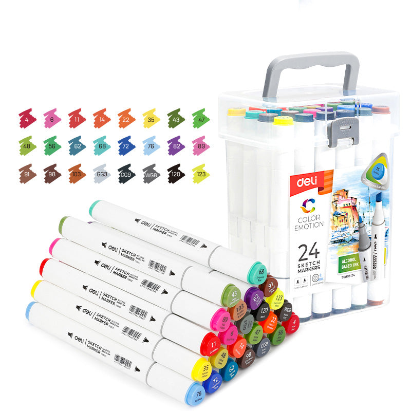 SET 24 MARKERE SKETCHING VARF DUBLU ROTUND 1MM/TESIT 7MM CUT PLASTIC COLOR EMOTION DELI
