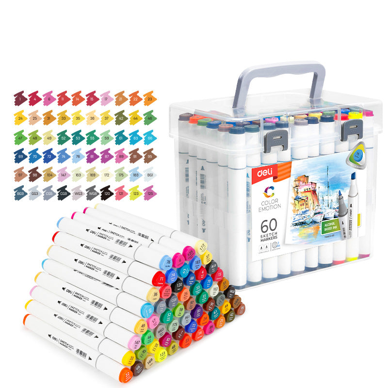 SET 60 MARKERE SKETCHING VARF DUBLU ROTUND 1MM/TESIT 7MM CUTIE PLASTIC COLOR EMOTION DELI