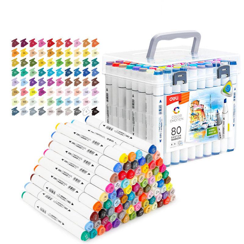 SET 80 MARKERE SKETCHING VARF DUBLU ROTUND 1MM/TESIT 7MM CUT PLASTIC COLOR EMOTION DELI