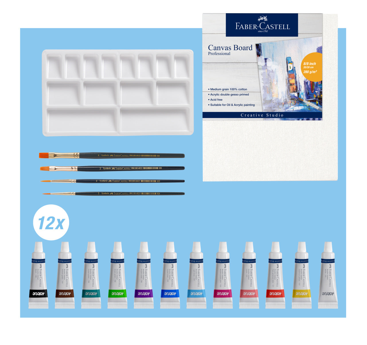 SET ACRILIC CREATIV 18 PIESE (12 CULORI ACRILICE x 9ML + CANVAS+ PALETA+ 4 PENSULE) FABER-CASTELL
