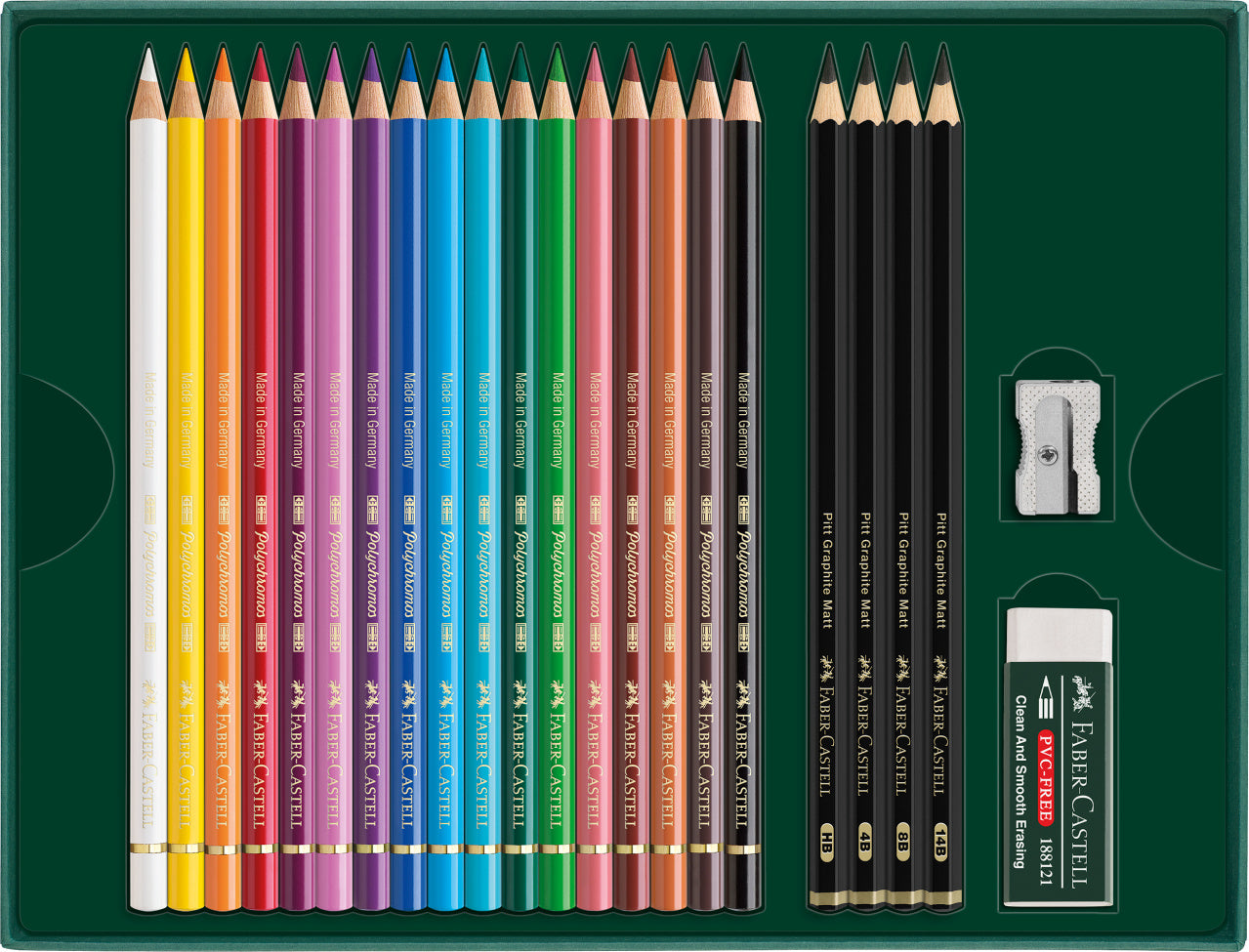 SET CADOU 17 CREIOANE COLORATE POLYCHROMOS + 4 CREIOANE GRAFIT MATT + ACCESORII FABER-CASTELL
