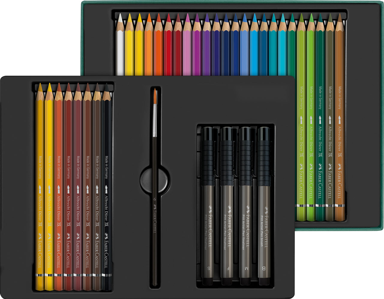 SET CADOU 32 CREIOANE COLORATE A.DURER + 4 PITT ARTIST PEN + PENSULA FABER-CASTELL