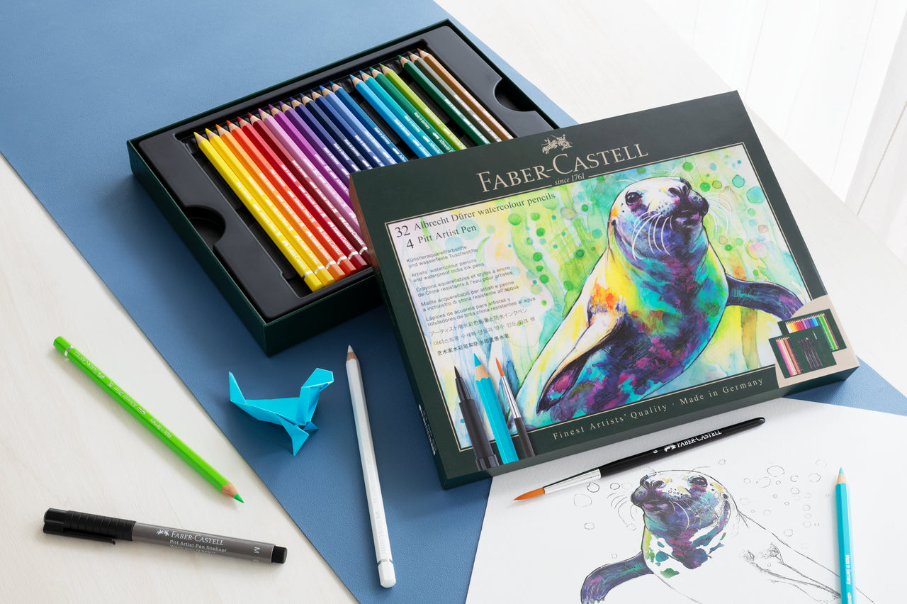 SET CADOU 32 CREIOANE COLORATE A.DURER + 4 PITT ARTIST PEN + PENSULA FABER-CASTELL