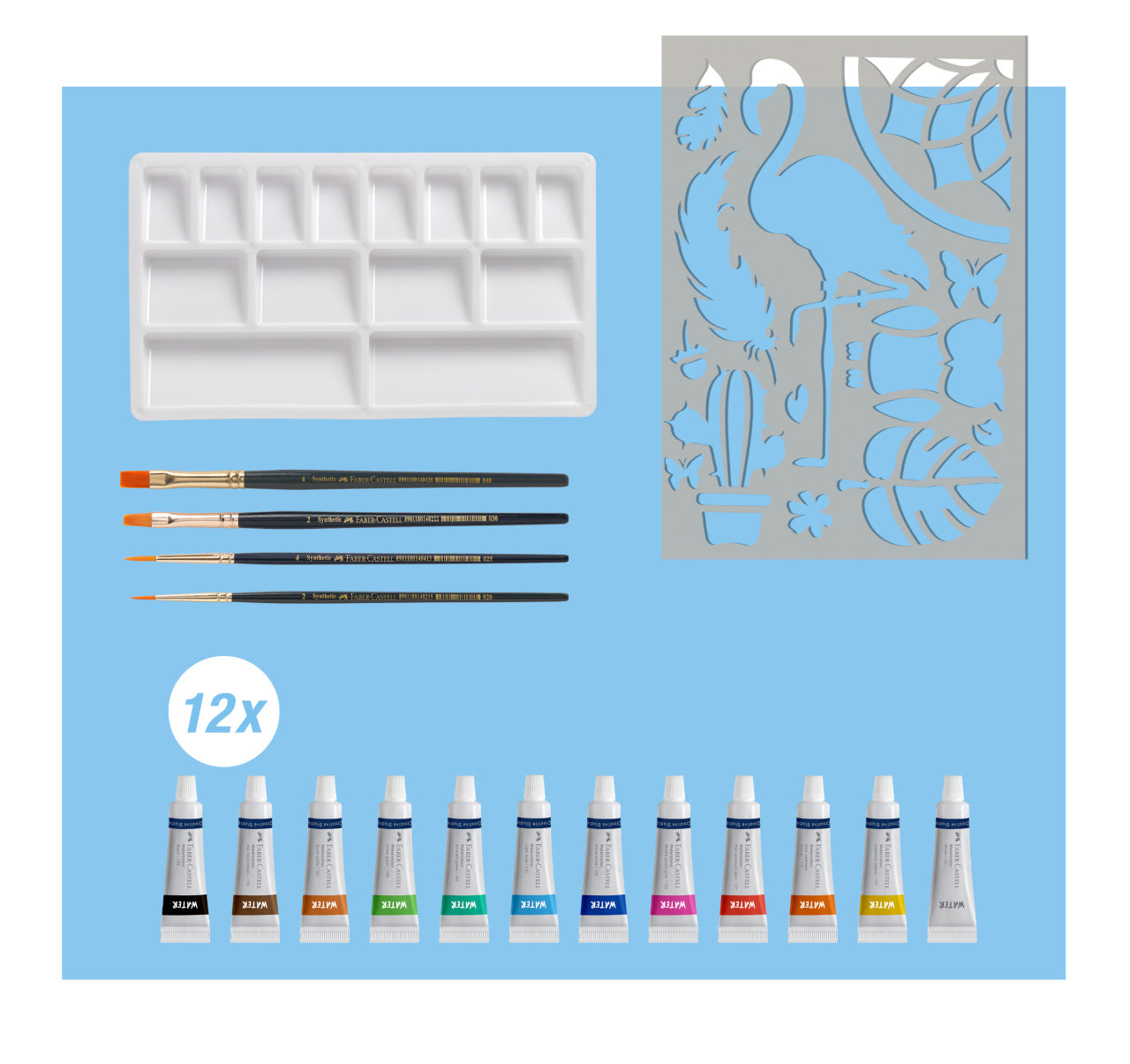 SET CREATIV TEMPERA 18 PIESE (TEMPERA ACUARELE 12 CULORI X 5 ML + 4 PENSULE+ SABLON PLASTIC) FABER-CASTELL
