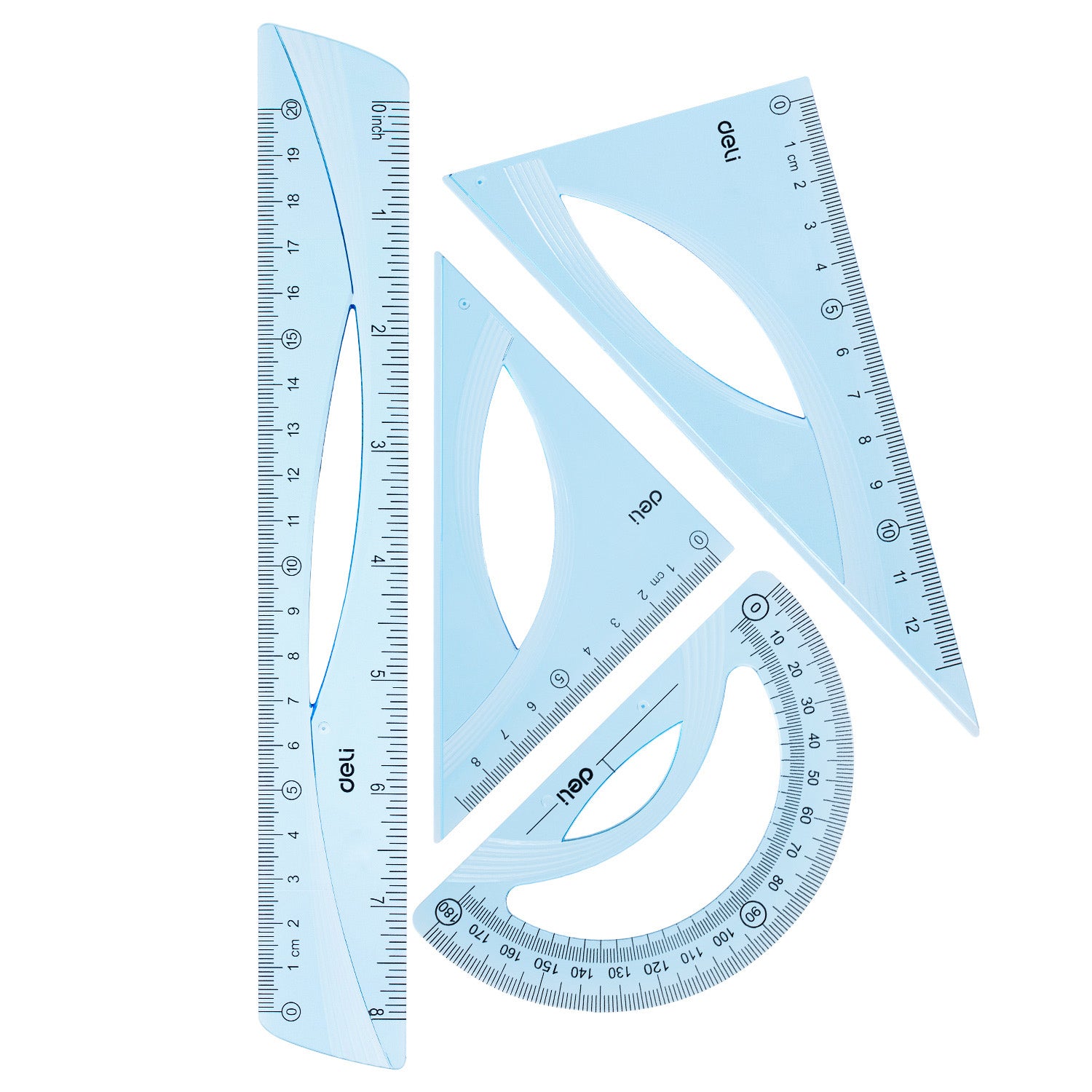 SET GEOMETRIE 4 PIESE ALBASTRU TRANSPARENT (RIG20CM, ECH*2, RAP) DELI