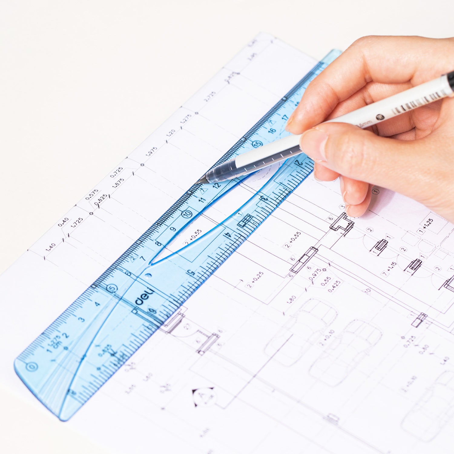 SET GEOMETRIE 4 PIESE ALBASTRU TRANSPARENT (RIG20CM, ECH*2, RAP) DELI