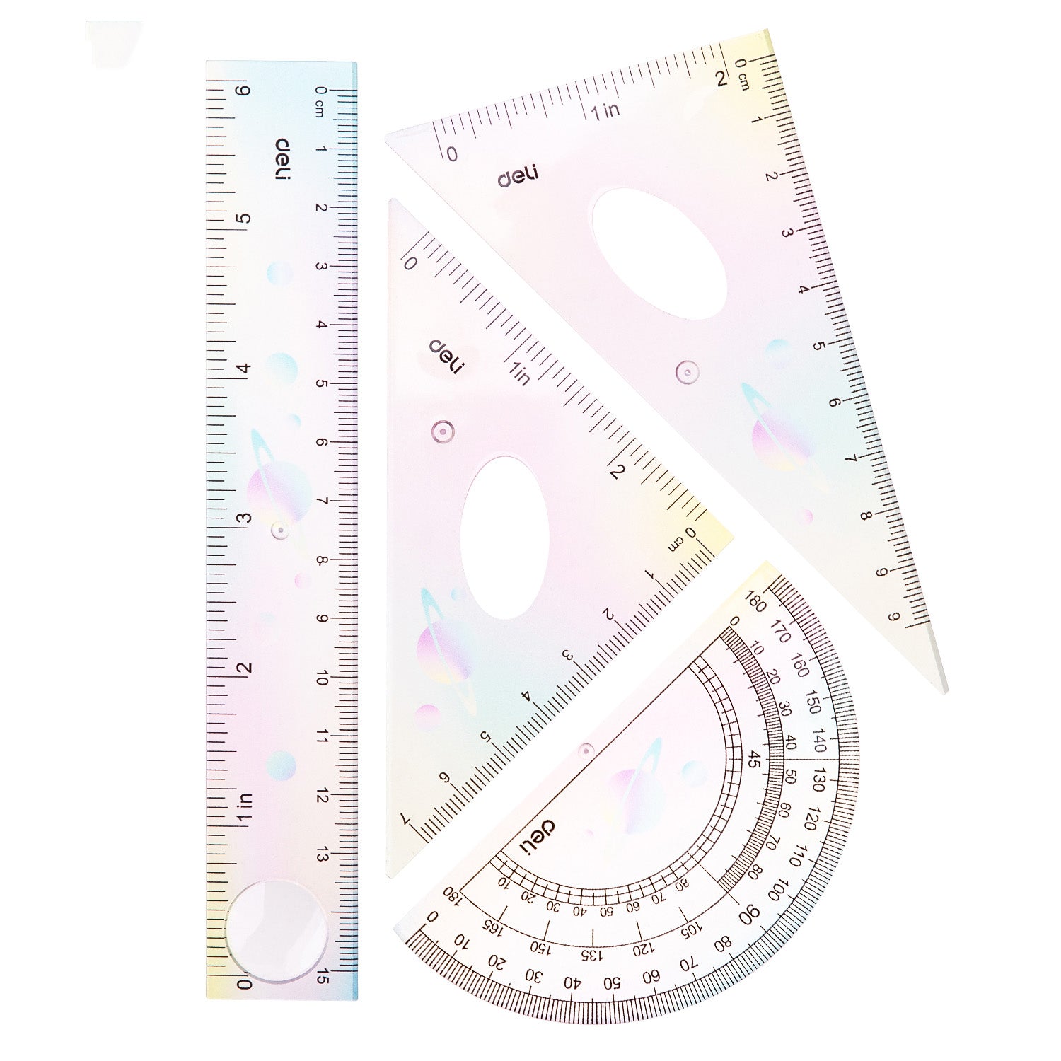 SET GEOMETRIE 4 PIESE MULTICOLOR (RIG.15CM, ECH*2, RAP) DELI